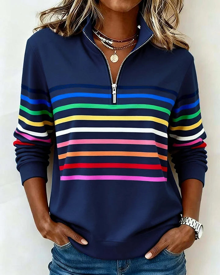 😀👗 Sudadera de moda con rayas arcoíris y cuello con media cremallera.