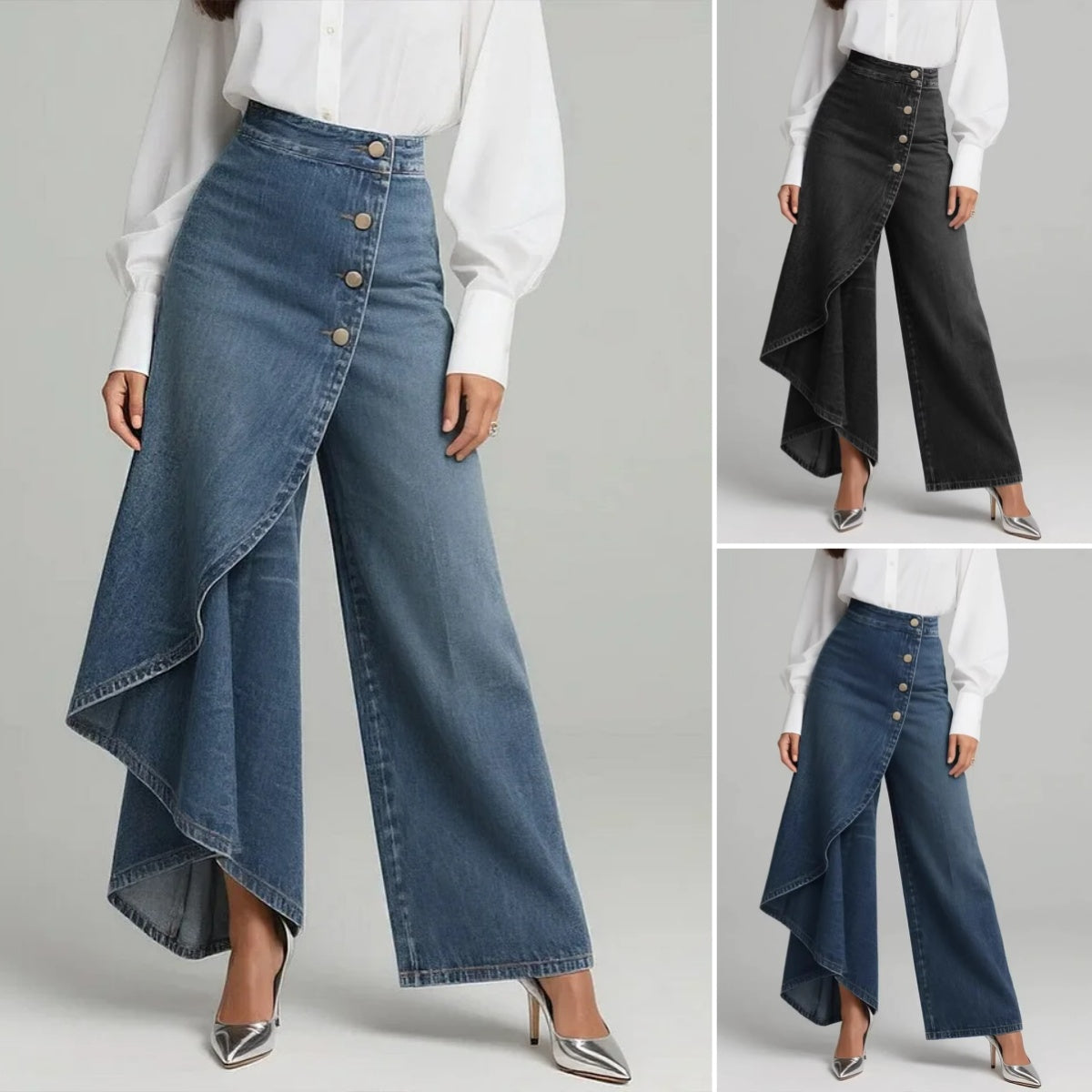 🥇 Vaqueros de cintura alta y pernera ancha para mujer, ajuste holgado con diseño elegante