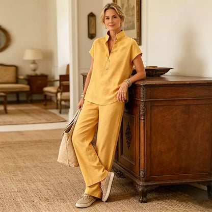 ✨Set de Damă din In și Bumbac – Bluză cu Mânecă Scurtă și Pantaloni Largi, Stil Casual Elegant de Vară