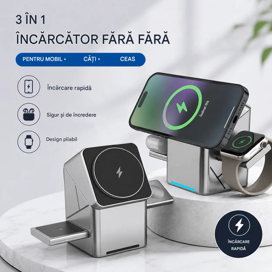 ✨Oferte Incendiare – Stație de Încărcare Wireless Magnetică și Pliabilă 3 în 1
