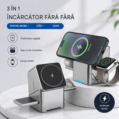 ✨Oferte Incendiare – Stație de Încărcare Wireless Magnetică și Pliabilă 3 în 1