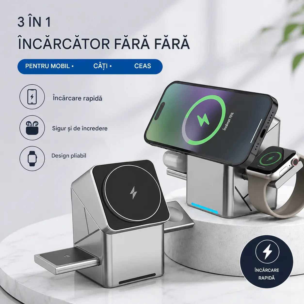✨Oferte Incendiare – Stație de Încărcare Wireless Magnetică și Pliabilă 3 în 1