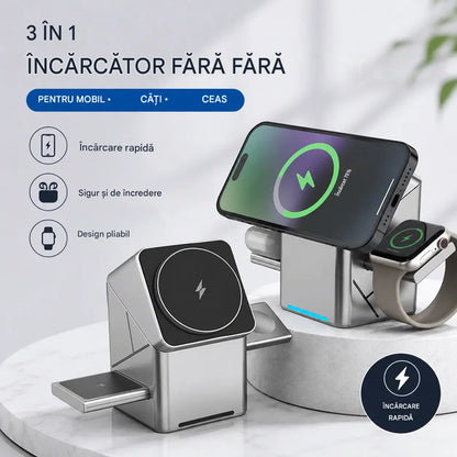 ✨Oferte Incendiare – Stație de Încărcare Wireless Magnetică și Pliabilă 3 în 1