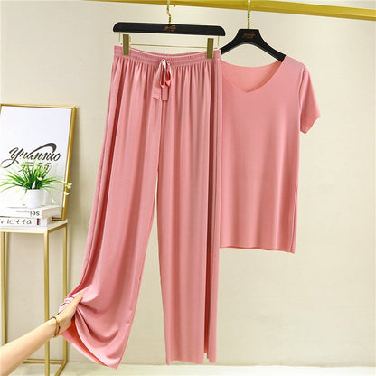 🔥Set de două piese pentru casă, care poate fi purtat și ca piesă de casă, top nou cu mânecă scurtă și pantaloni lungi, confecționat din țesătură de mătase glacială.