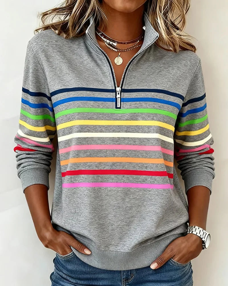 😀👗 Sudadera de moda con rayas arcoíris y cuello con media cremallera.