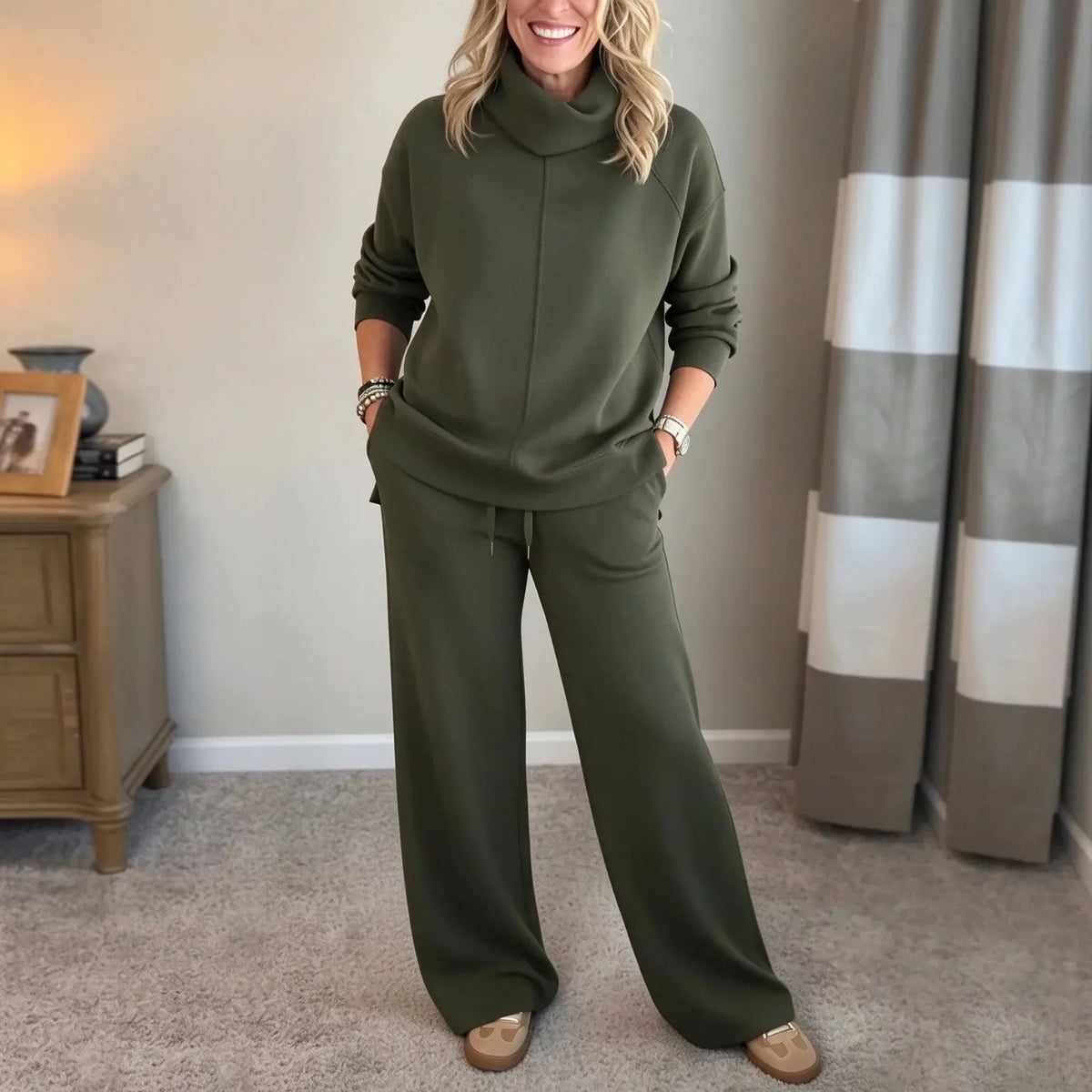🍂🐏Set casual de iarnă pentru femei, de înaltă calitate: pulover minimalist cu guler înalt + pantaloni casual cu croială dreaptă🔥