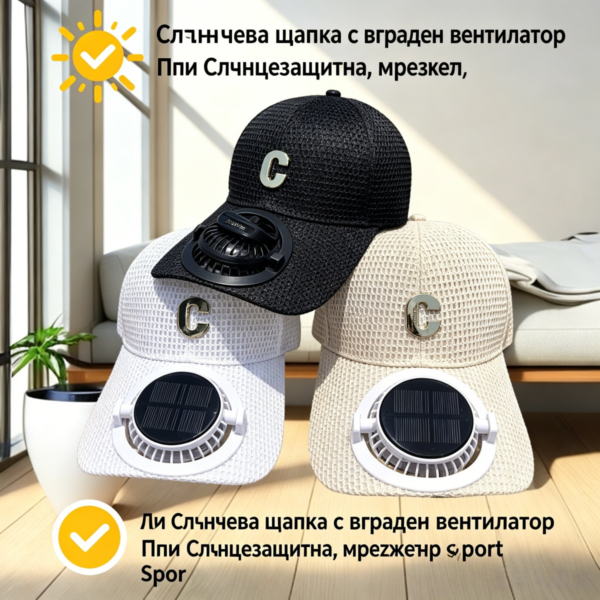 ☀️ 50% отстъпка 🌬️ Мъжки и дамски слънчеви шапки с вграден вентилатор: слънцезащитни, мрежести, с соларно зареждане, идеални за лято, разходки и спорт 🏃‍♂️🏃‍♀️