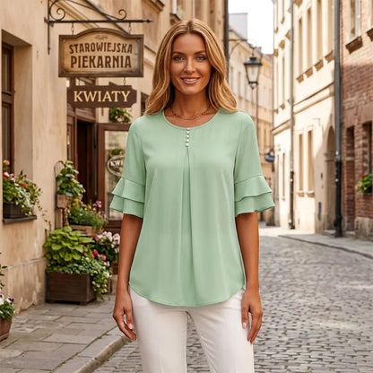 Bluză Elegantă din Chifon cu Mâneci cu Volane pentru Femei | Cămașă Casual de Birou cu Nasturi Decorativi, Croială Lejeră și Vaporoasă