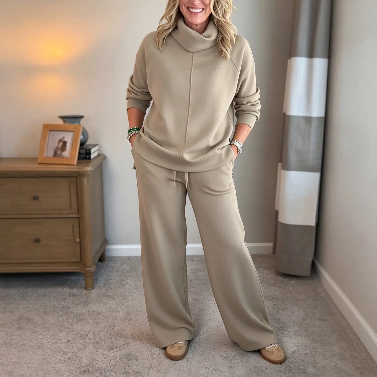 🍂🐏Set casual de iarnă pentru femei, de înaltă calitate: pulover minimalist cu guler înalt + pantaloni casual cu croială dreaptă🔥