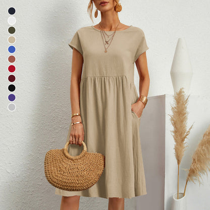 😍【Oferta de cambio de temporada】👗【S-5XL】Vestido de mujer 2026 de algodón y lino, con cuello redondo y corte cómodo