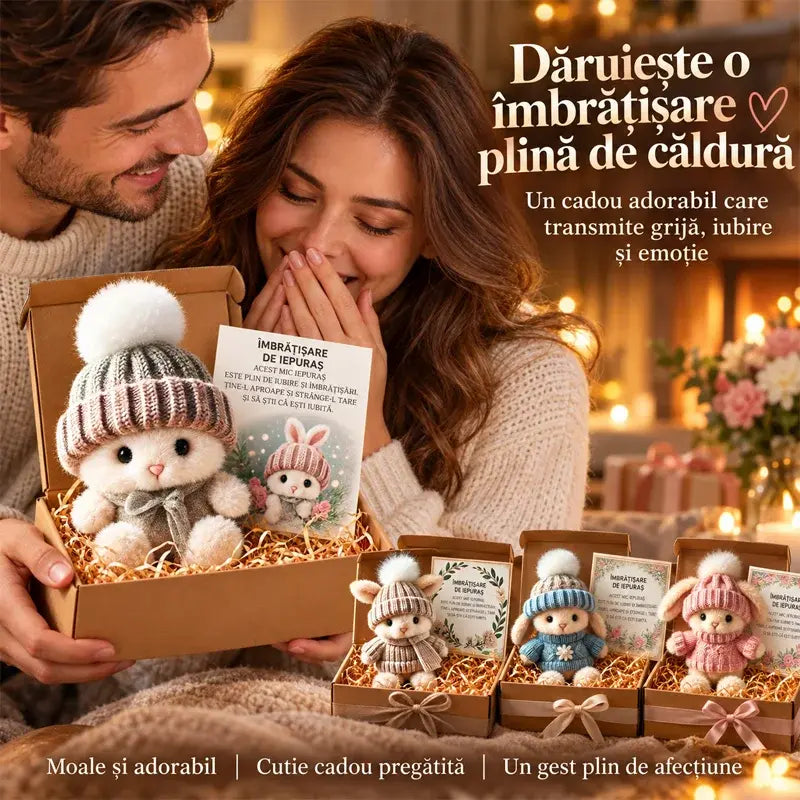🐰 Iepuraș de pluș adorabil cu căciuliță și pulover tricotat, cadou perfect în cutie elegantă 🎁