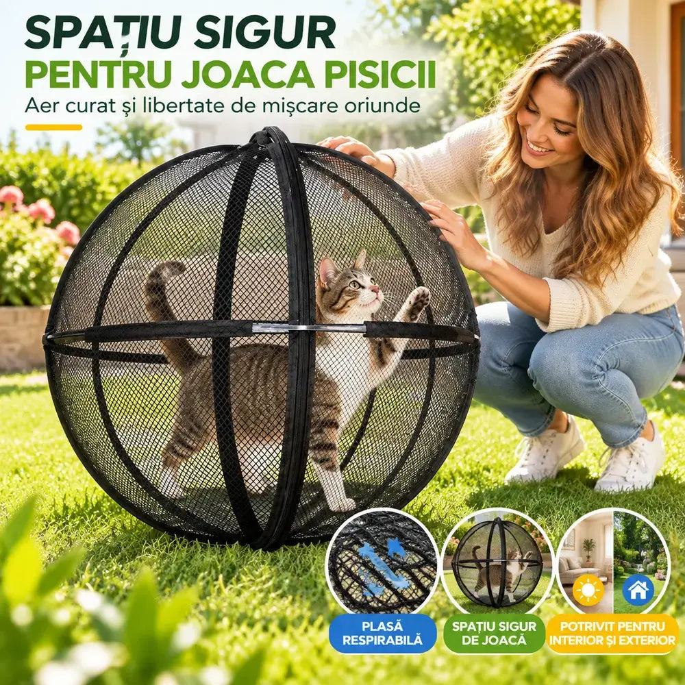🐱 Cort Sferic Pliabil cu Plasă Respirabilă pentru Pisici · Protecție 360° · Spațiu Sigur de Joacă Interior și Exterior!