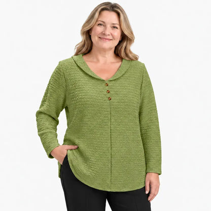 🔥【XL–5XL】🎁💖 Tricou damă cu croială lejeră, textură plisată și guler rotund tip Peter Pan, cu nasturi