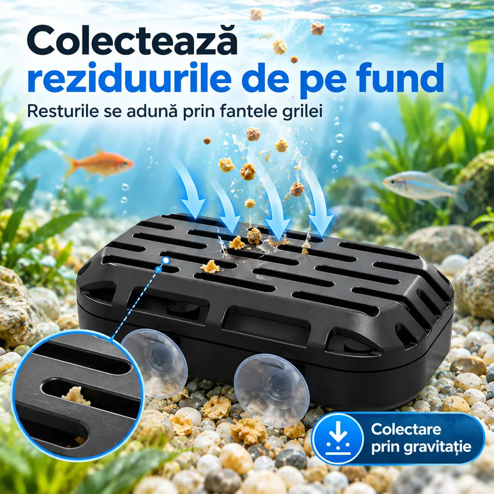 🐢 Colector de Reziduuri pentru Acvariu și Broaște Țestoase · Colectare Gravitațională · Două Ventuze · Curățare Ușoară!