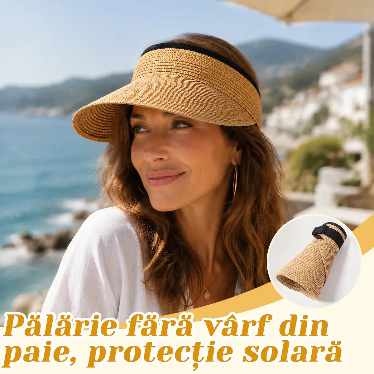 Pălărie de Soare din Paie Fără Crestet pentru Femei – Vizieră Elegantă de Plajă cu Protecție UV, Respirabilă și Pliabilă pentru Vară