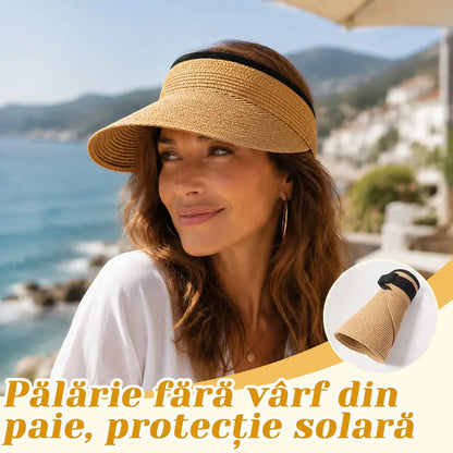 Pălărie de Soare din Paie Fără Crestet pentru Femei – Vizieră Elegantă de Plajă cu Protecție UV, Respirabilă și Pliabilă pentru Vară