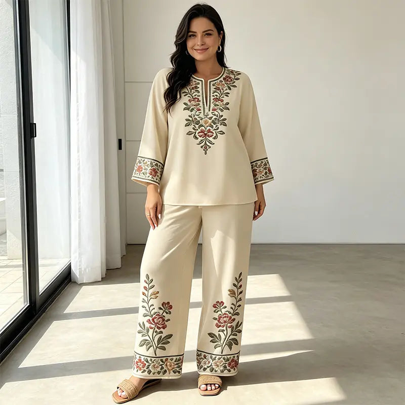 Costum de Vară din In Dama de 2 Piese, Bluza Lejeră cu Imprimeu Floral și Pantaloni Largi, Material Moale, Respirabil și Prietenos cu Pielea