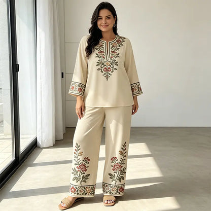Costum de Vară din In Dama de 2 Piese, Bluza Lejeră cu Imprimeu Floral și Pantaloni Largi, Material Moale, Respirabil și Prietenos cu Pielea
