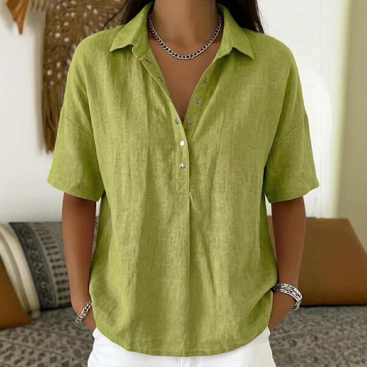 【S–3XL】Tricou cu mânecă scurtă pentru femei, din bumbac și in, croială slim, versatil, respirabil și confortabil
