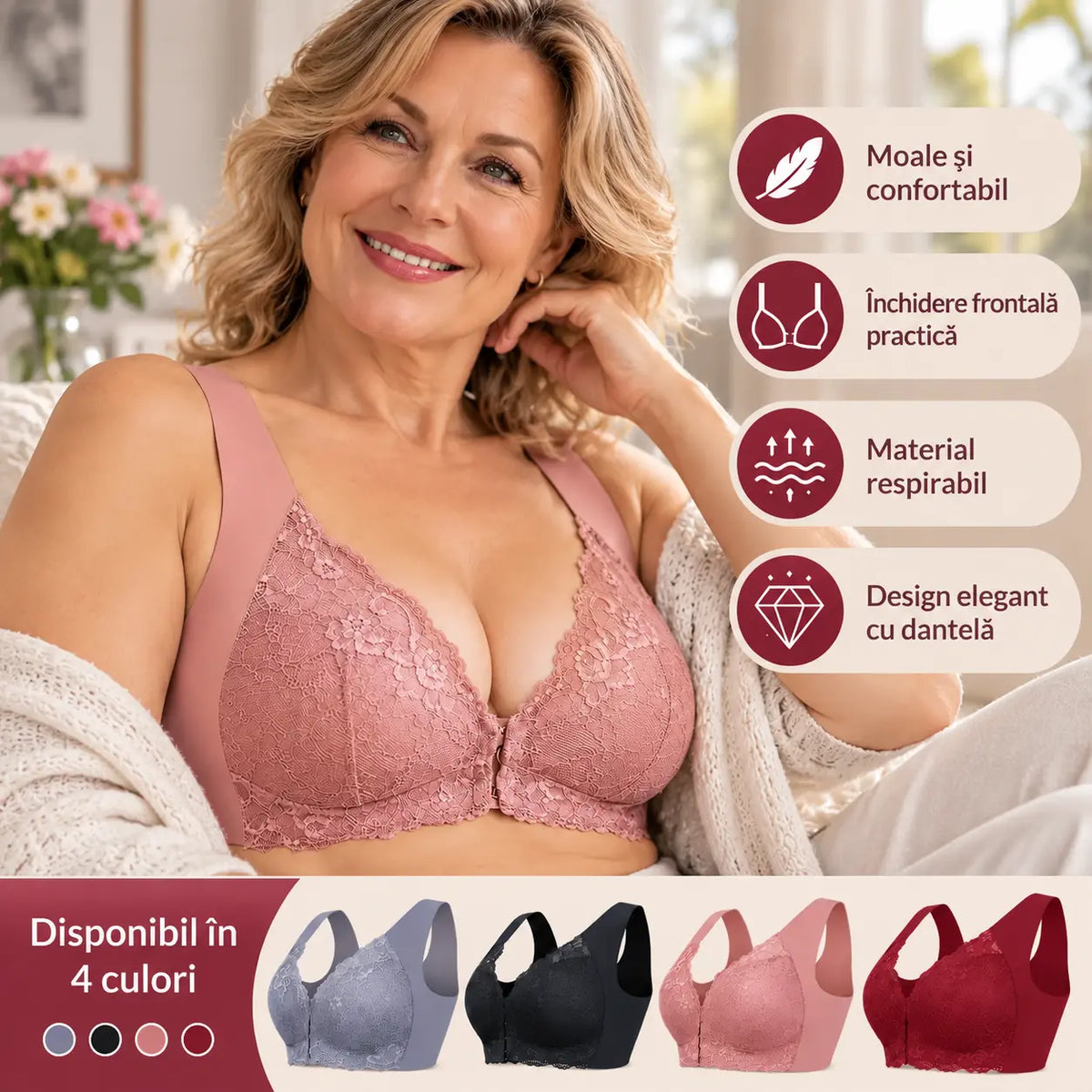✨【Set din 3 piese】Sutien sexy pentru mărimi mari, fără armătură, cu închidere în față și un design superb la spate.
