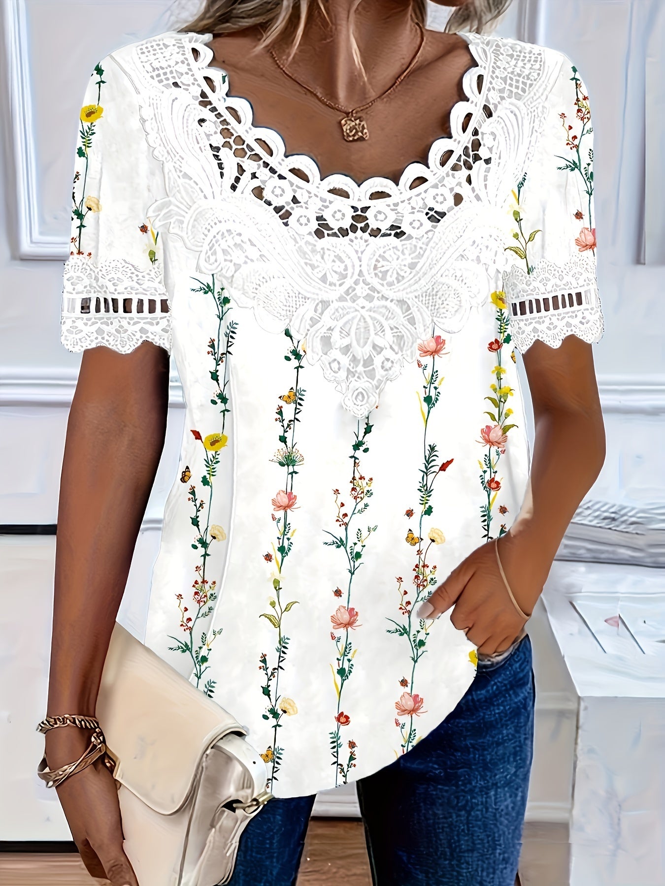 🤩🌺【S-6XL】2026 Noua modă Tricou casual elegant din dantelă pentru femei, confortabil și respirabil
